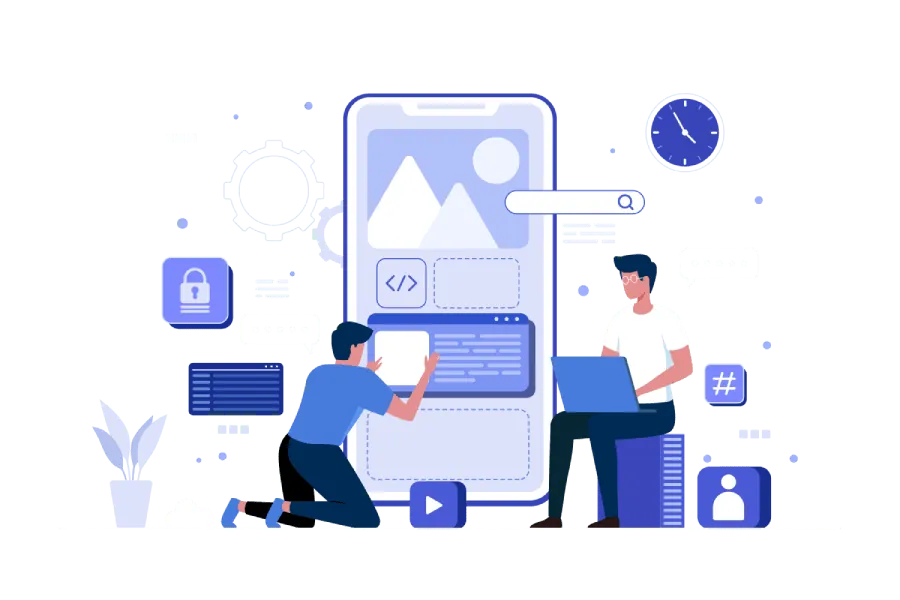 Illustration of two developers building a mobile app interface together