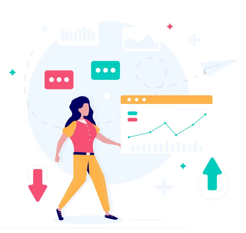 Illustration of a woman walking past a rising sales chart and chat bubbles, representing the growth of online shopping