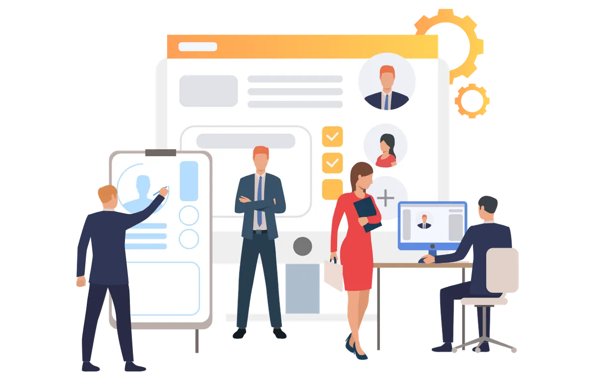 Illustration of managers and staff working with an employee management system showing profiles and approvals
