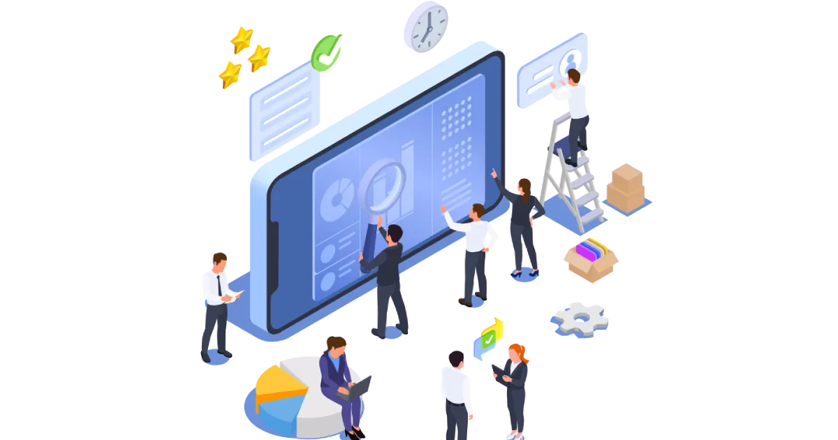 Illustration of a team working around a large smartphone showing charts, tasks and schedules
