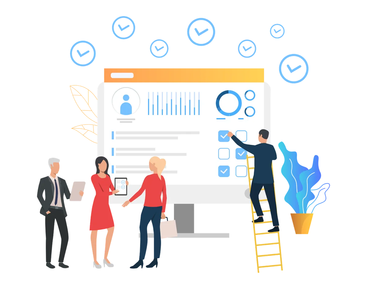 Illustration of a team reviewing a staff scheduling dashboard with checklists and clock icons
