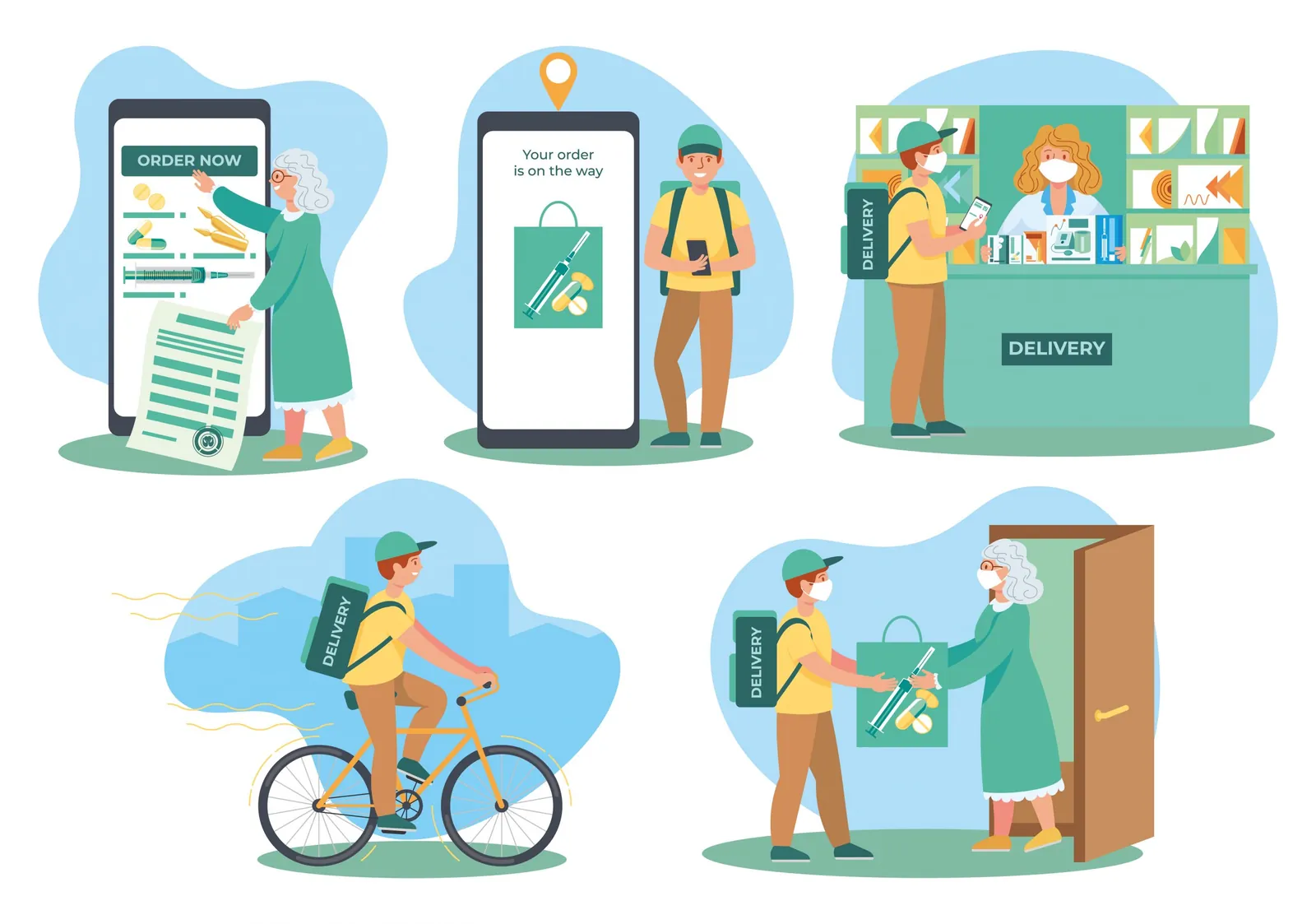 Illustration of a medicine order being placed on a phone, packed at a pharmacy and delivered to a customer's door by a courier