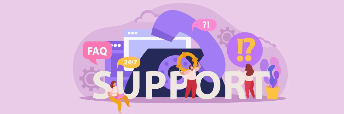 Illustration of a support team answering questions around a large telephone, with FAQ and 24/7 signs