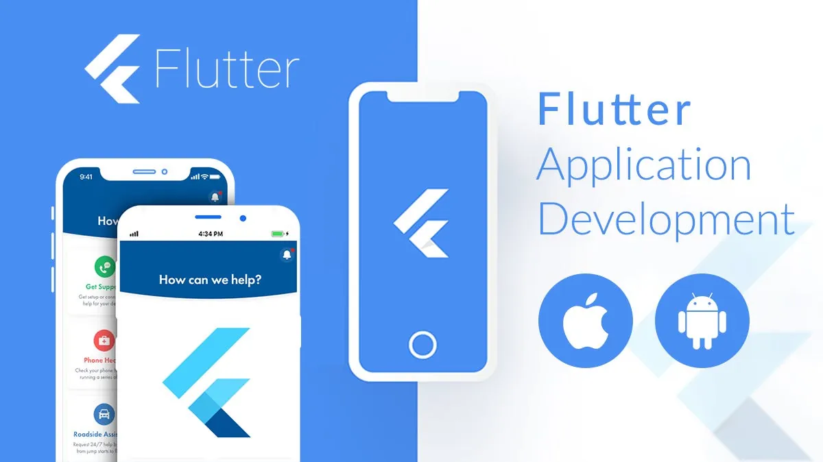 Flutter logo with smartphones and Apple and Android icons, representing Flutter application development