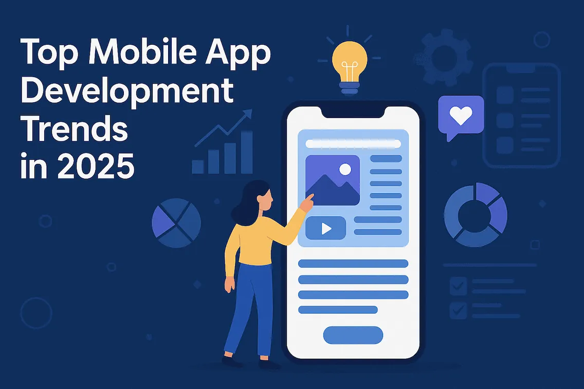 Illustration of a woman pointing at a large smartphone app screen surrounded by charts, titled Top Mobile App Development Trends in 2025