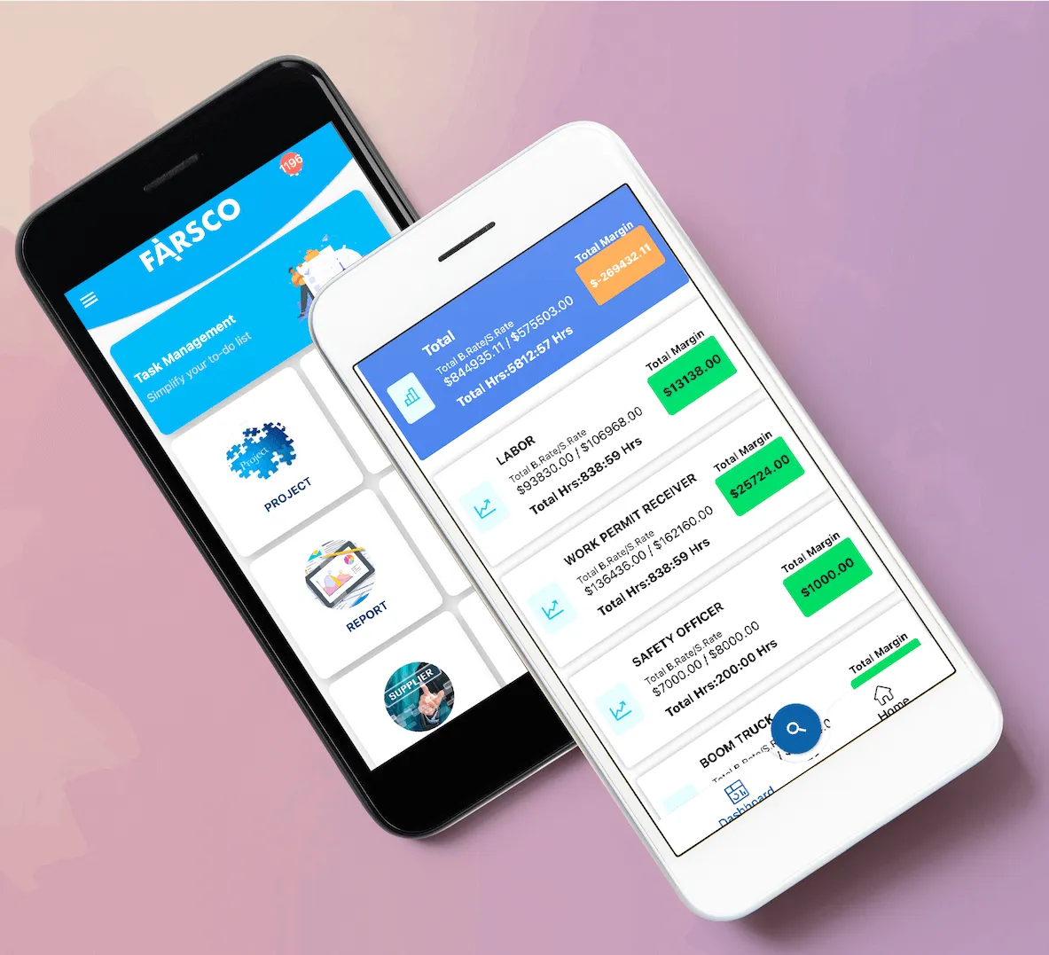 Farsco app screens: module menu and payroll summary