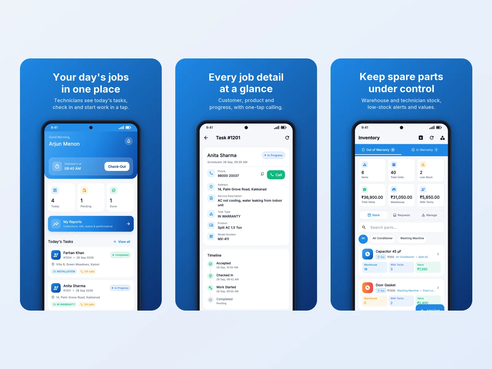 TechCRM app: today's jobs, job details and spare-parts inventory