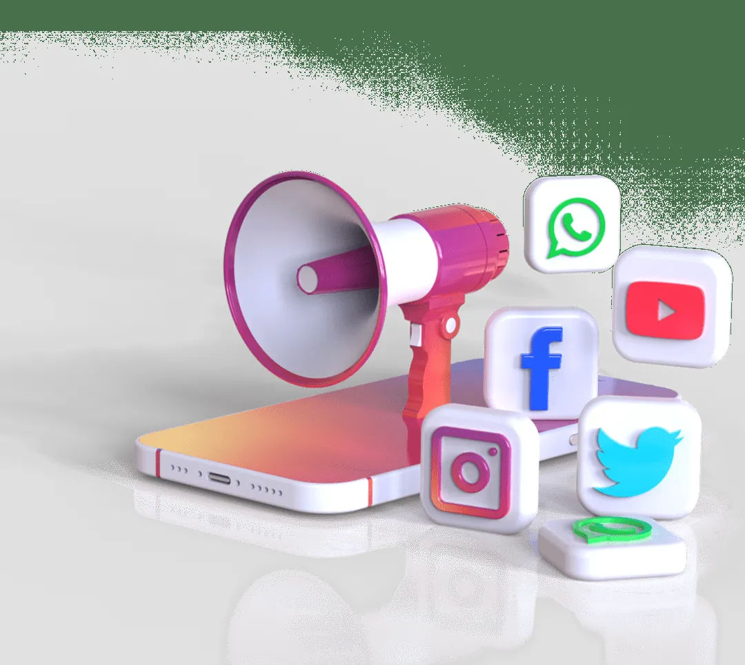 Megaphone surrounded by social media icons
