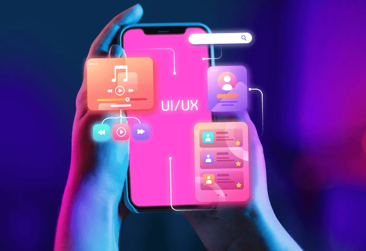 Hand holding a phone with colourful app interface panels